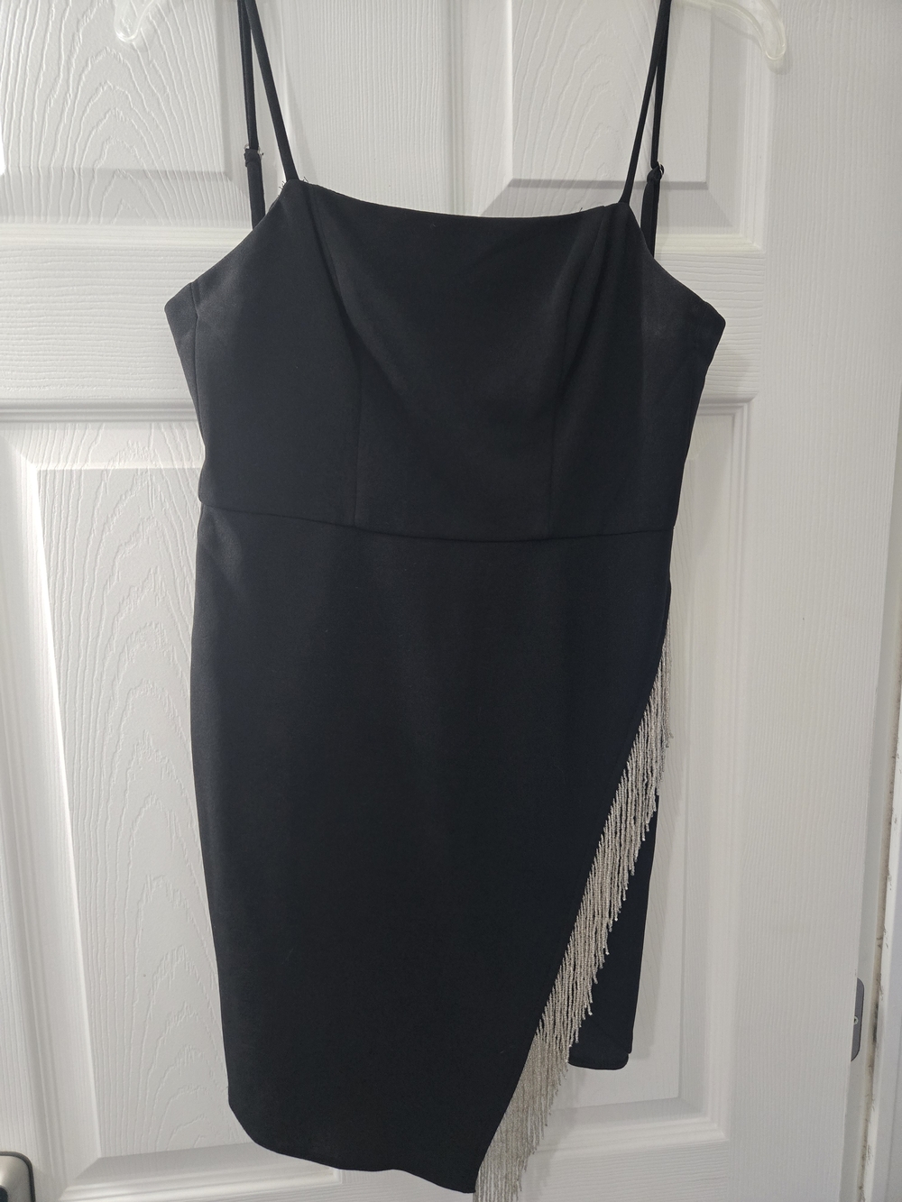 Black Fringe Asymmetric Slip Mini Dress
